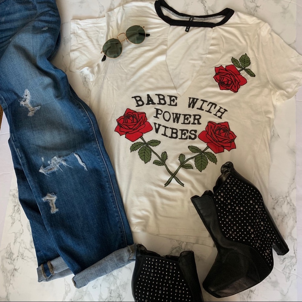 Babe w/ Power Vibes Deep V Cut Out Graphic T-shirt - Picture 2 of 3